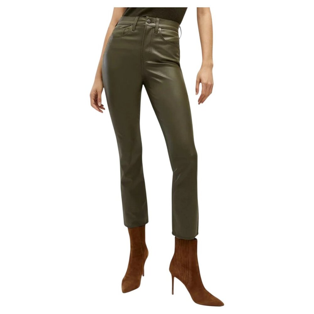 Veronica Beard Carly Vegan Leather Kick Flare, Loden, 25, NWT